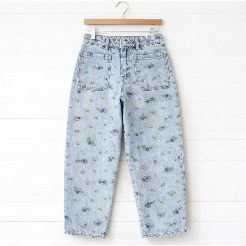 Avec Les Filles Floral Embroidered Barrel Jeans Patch Pocket High Waist 25 x 26